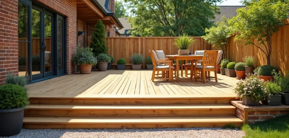 Professional deck designer collaborating with a homeowner on blueprints for a new custom deck and patio installation.
